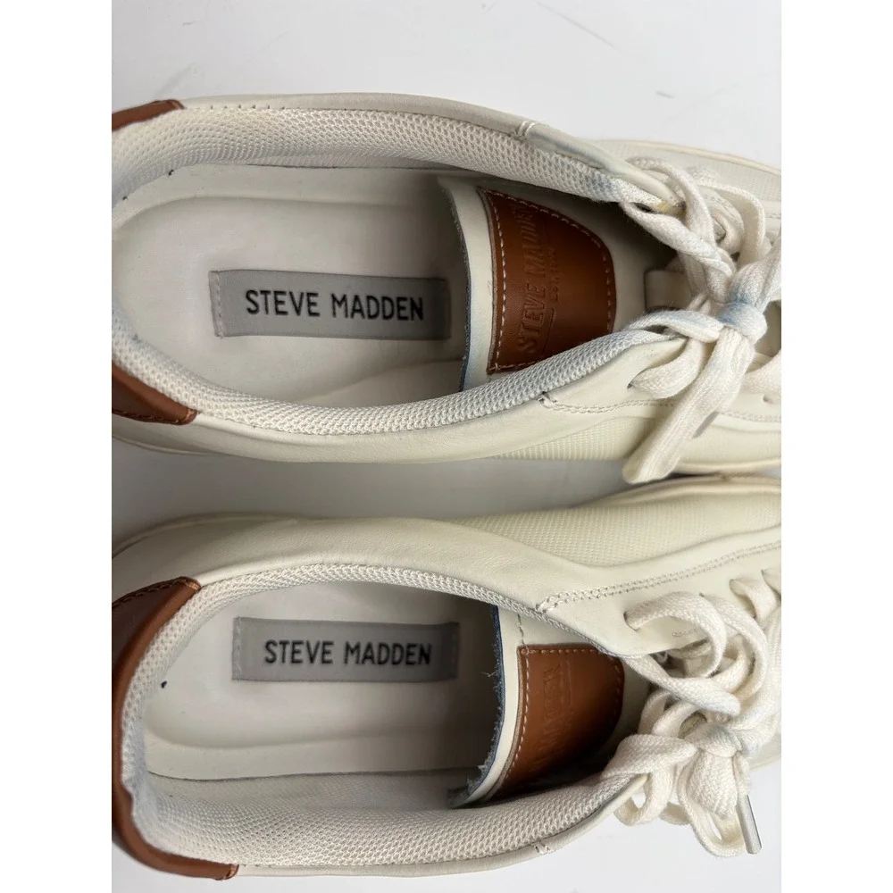 Steve Madden Finneas Men's Leather Sneakers Size 7.5 White Cream Brown Low Top